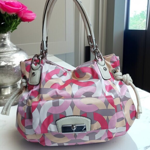 Coach Kristin  Satchel Op Art Ivory Leather Cinched Tied Sides - Picture 1 of 16
